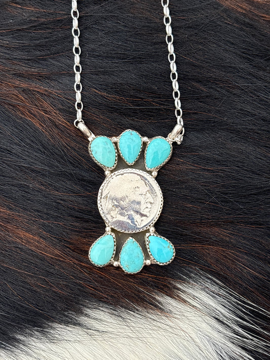 Native American, Hand-Made, Buffalo Nickel, Turquoise & Sterling Silver Necklace