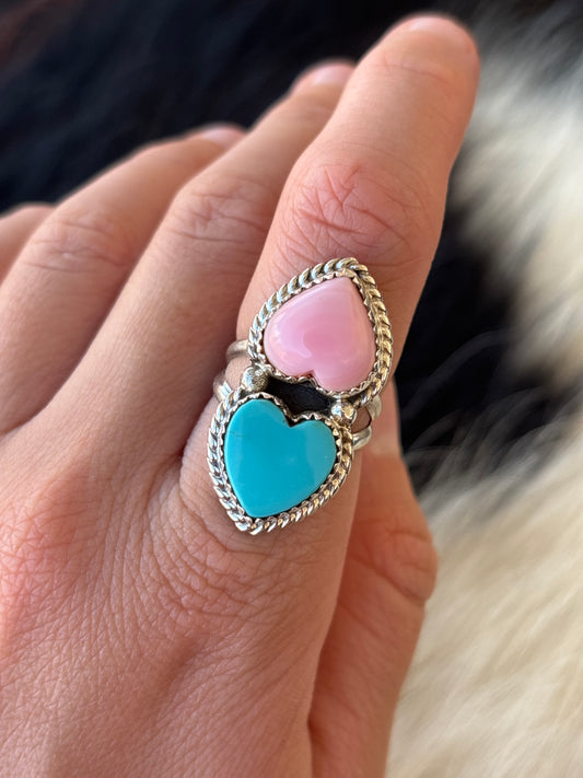 Native American, Hand-Made, Turquoise, Pink Conch, & Sterling Silver Ring