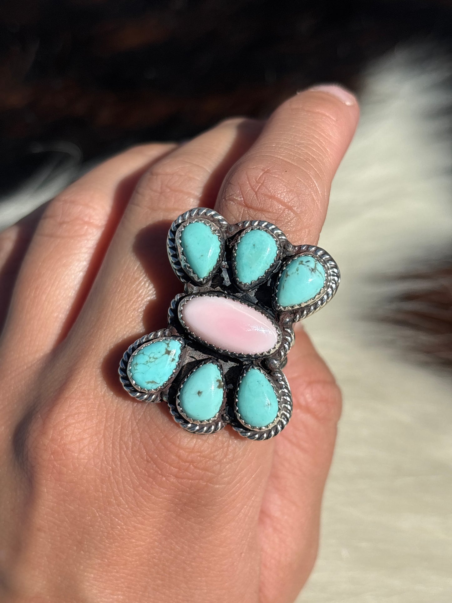 Native American, Hand-Made, Turquoise, Pink Conch & Sterling Silver Ring