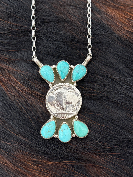 Native American, Hand-Made, Buffalo Nickel, Turquoise & Sterling Silver Necklace