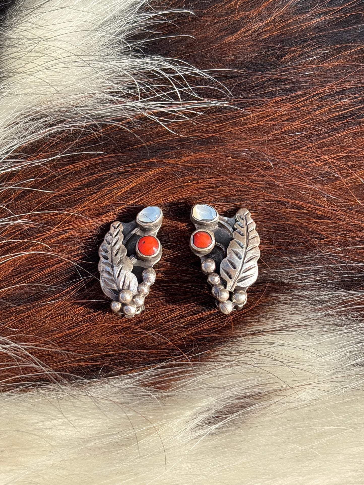 Vintage Native Made, Multi-stone & Sterling Silver Clip on Earrings