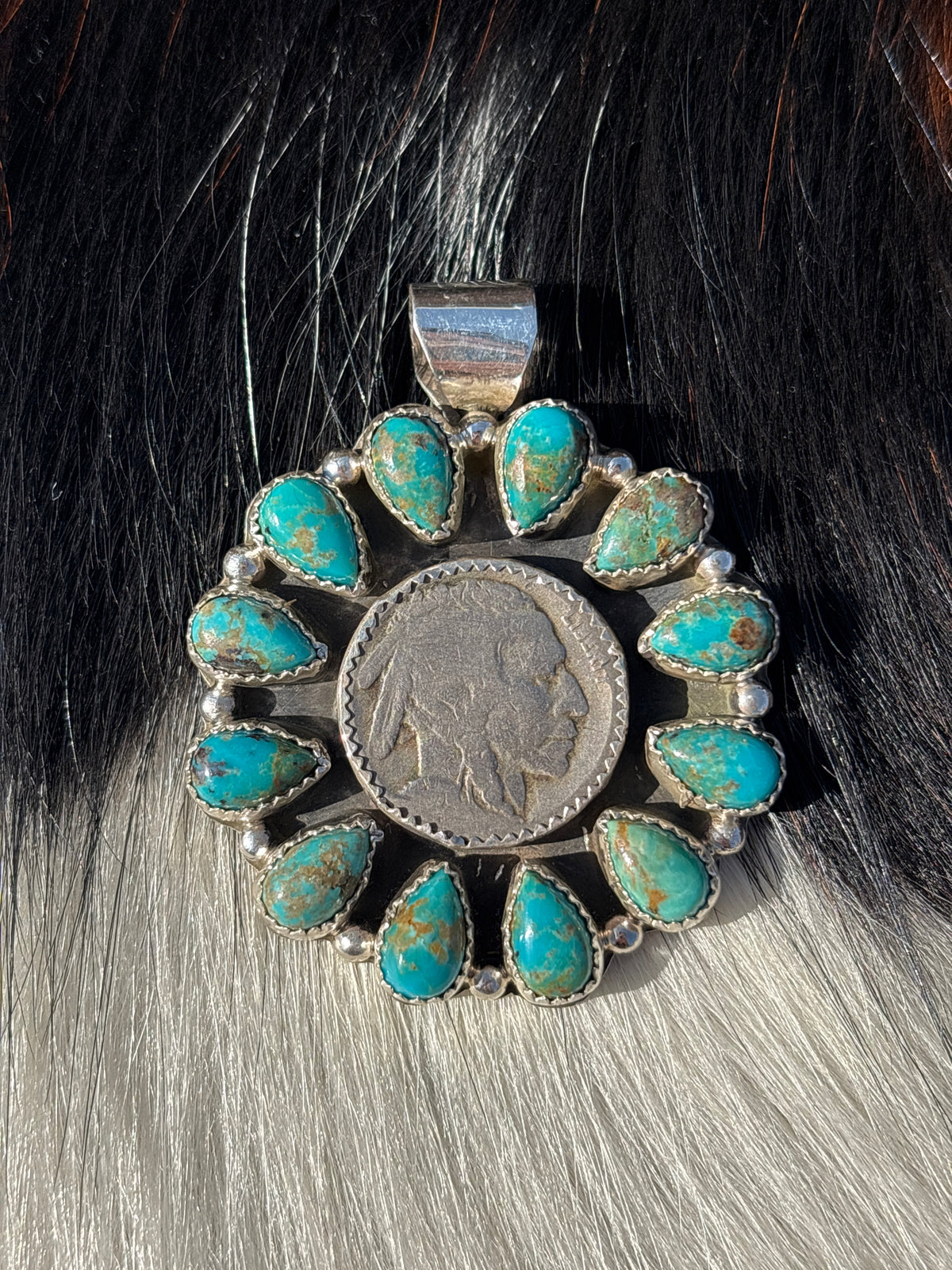 Native American, Hand-Made, Turquoise & Sterling Silver Buffalo Nickel Pendant
