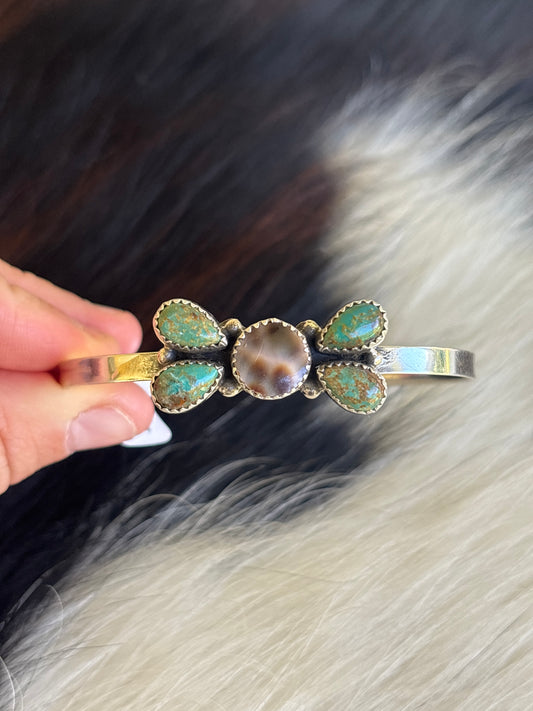 Native American, Handmade, Cowrie, Turquoise & Sterling Silver Cuff
