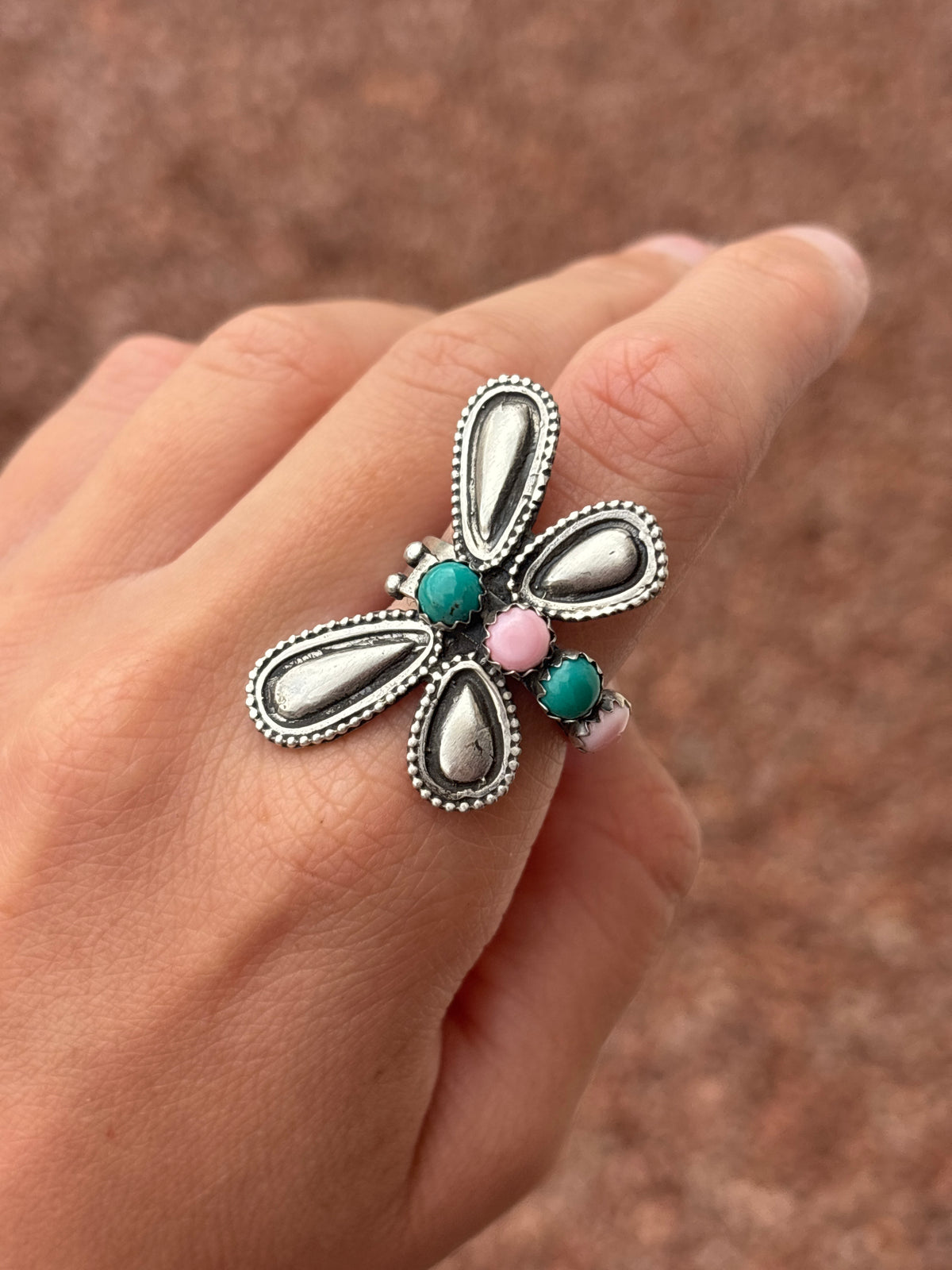 Native American, Hand-Made, Turquoise, Pink Conch & Sterling Silver Dragonfly Adjustable Ring