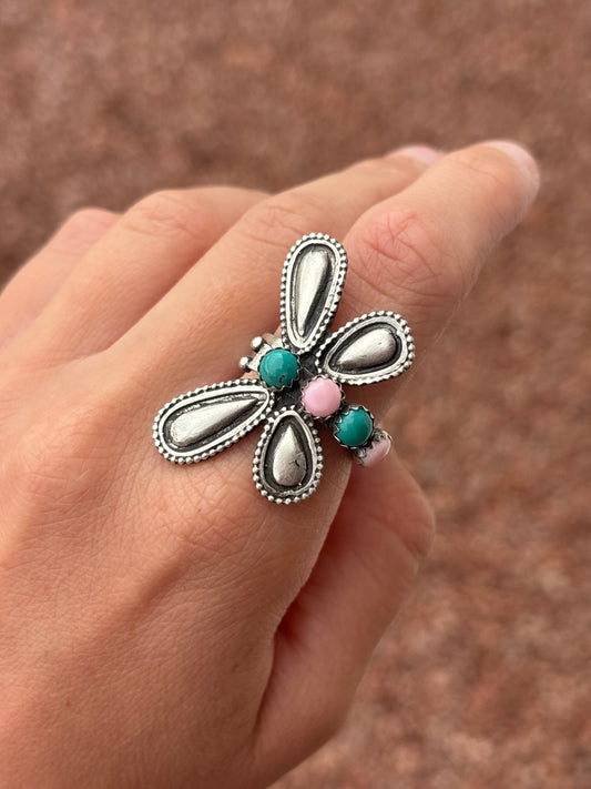 Native American, Hand-Made, Turquoise, Pink Conch & Sterling Silver Dragonfly Adjustable Ring