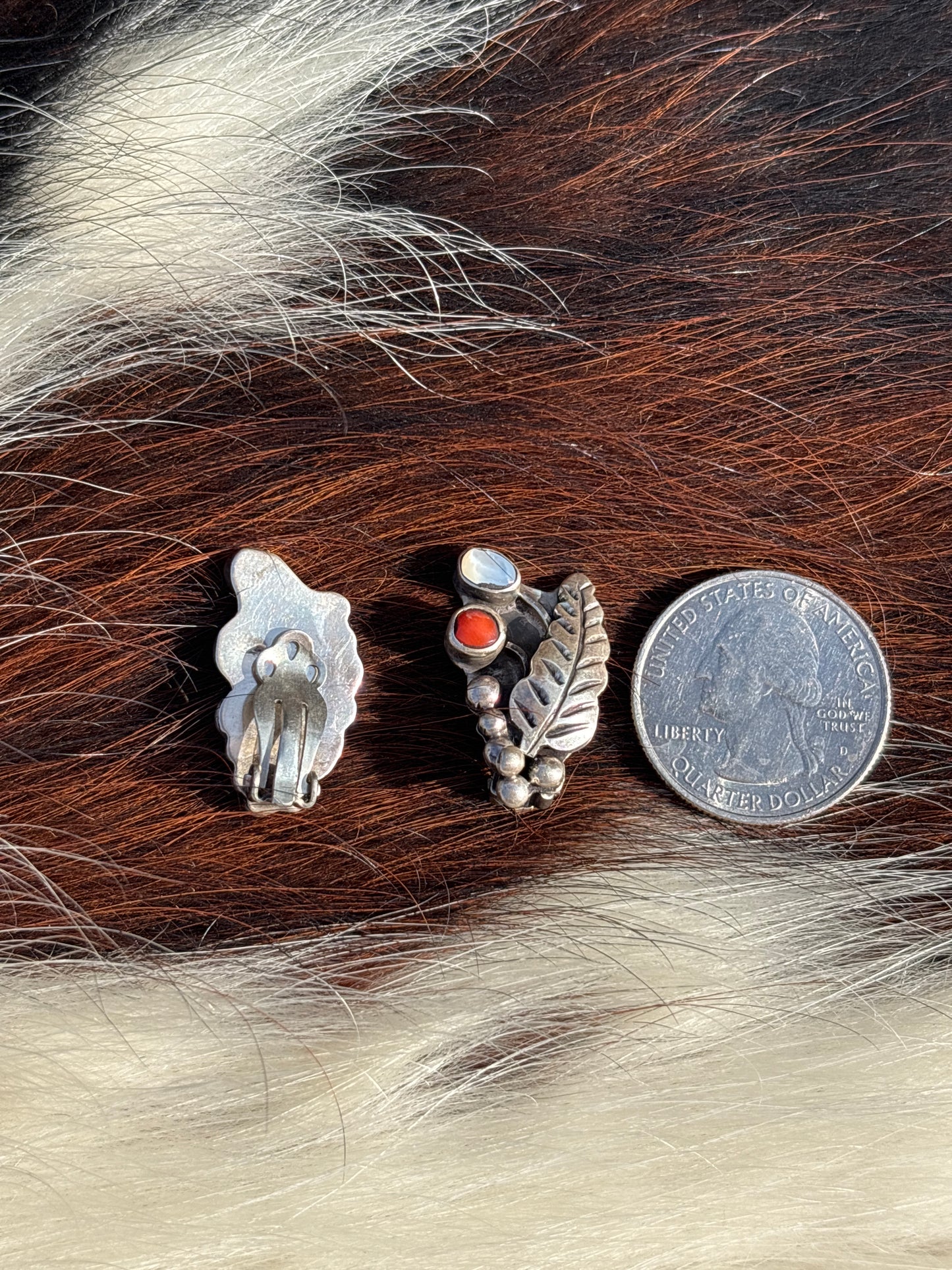Vintage Native Made, Multi-stone & Sterling Silver Clip on Earrings
