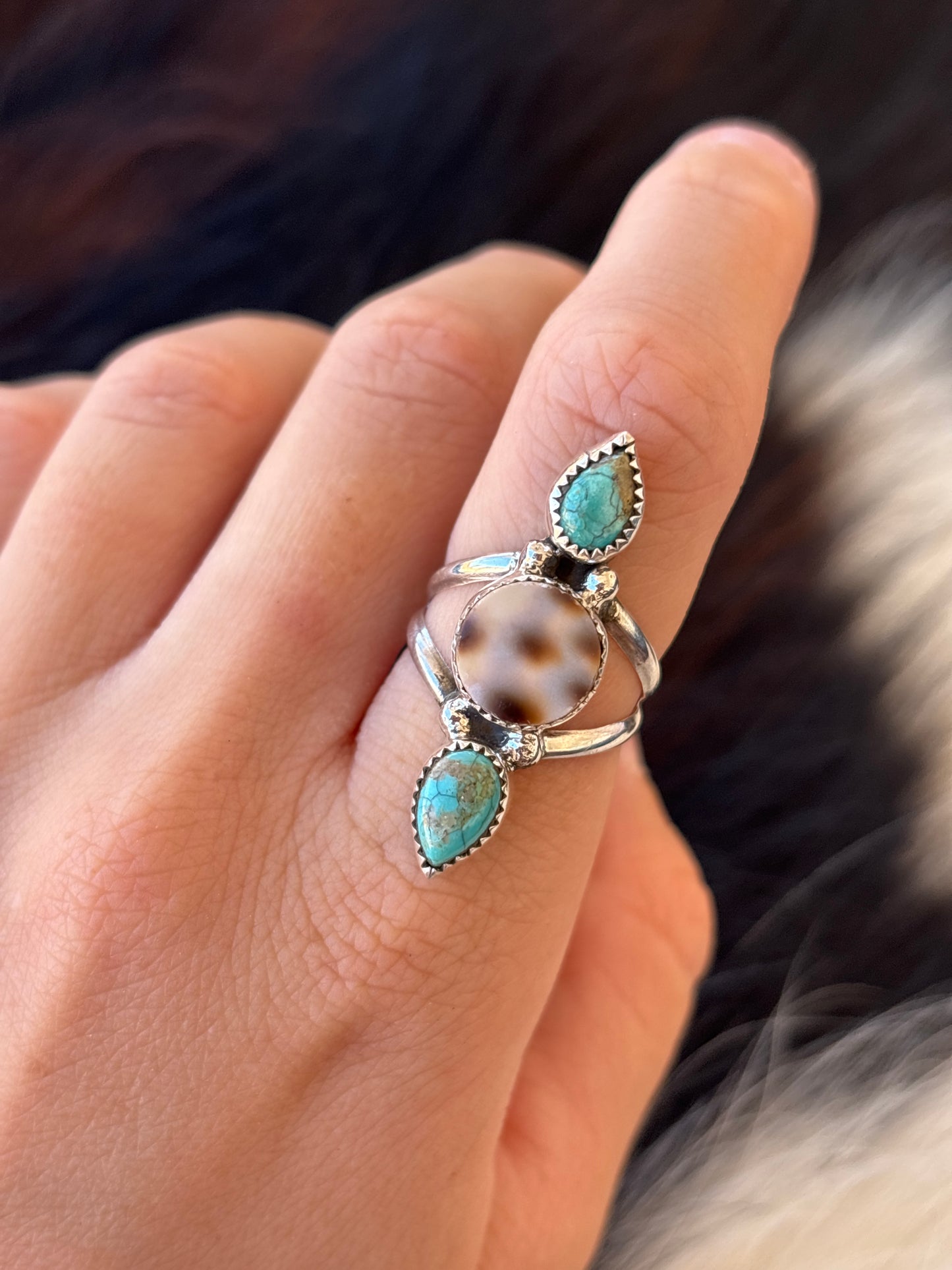 Native American, Hand-Made, Turquoise, Cowrie & Sterling Silver  Ring