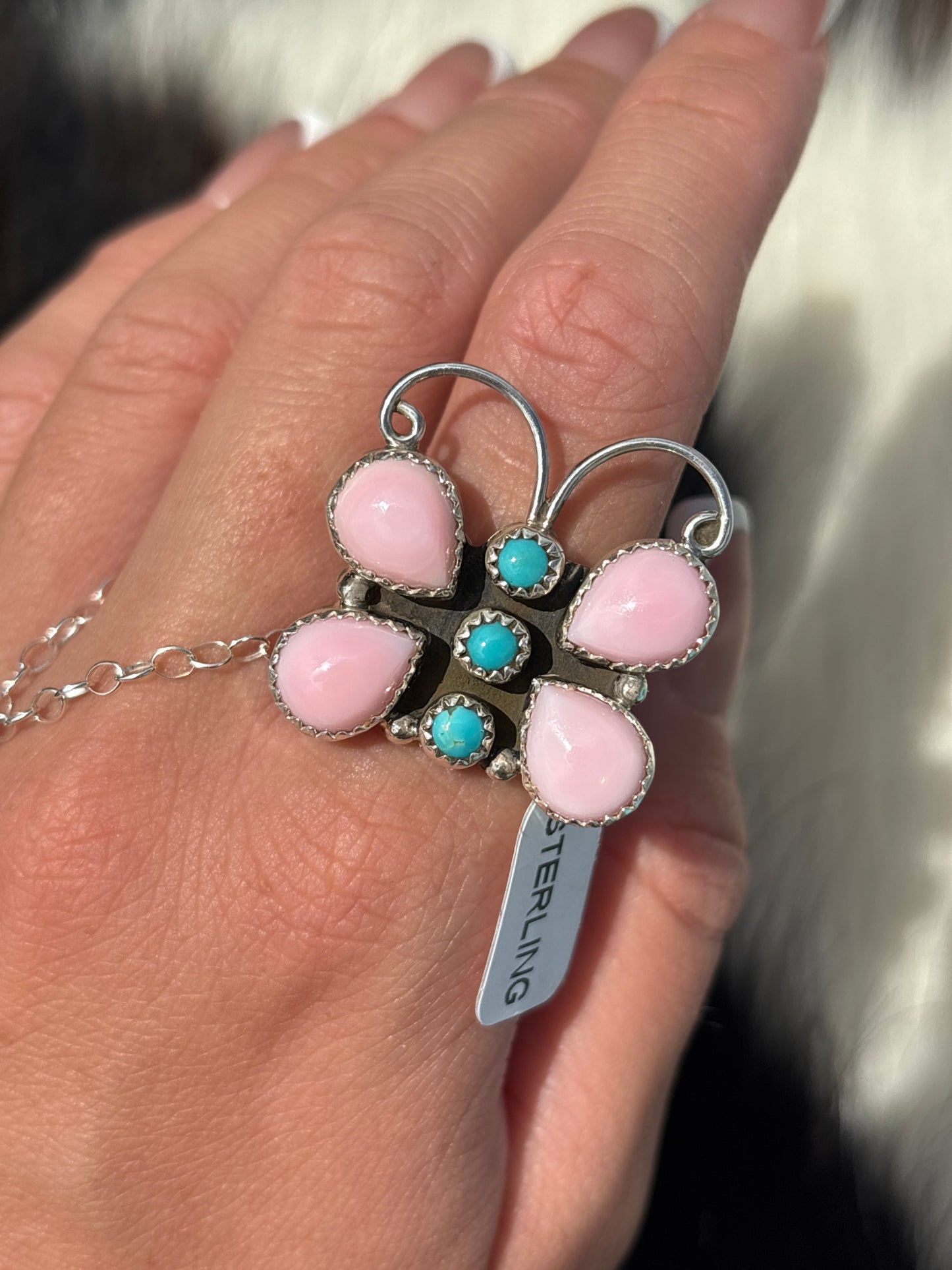 Native American, Hand-Made, Pink Conch, Turquoise & Sterling Silver Butterfly Ring