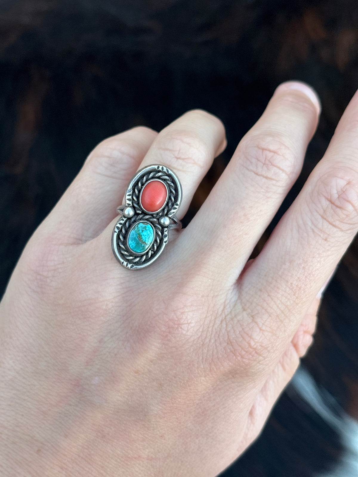 Vintage Native American, Hand-Made, Turquoise, Coral & Sterling Silver Ring