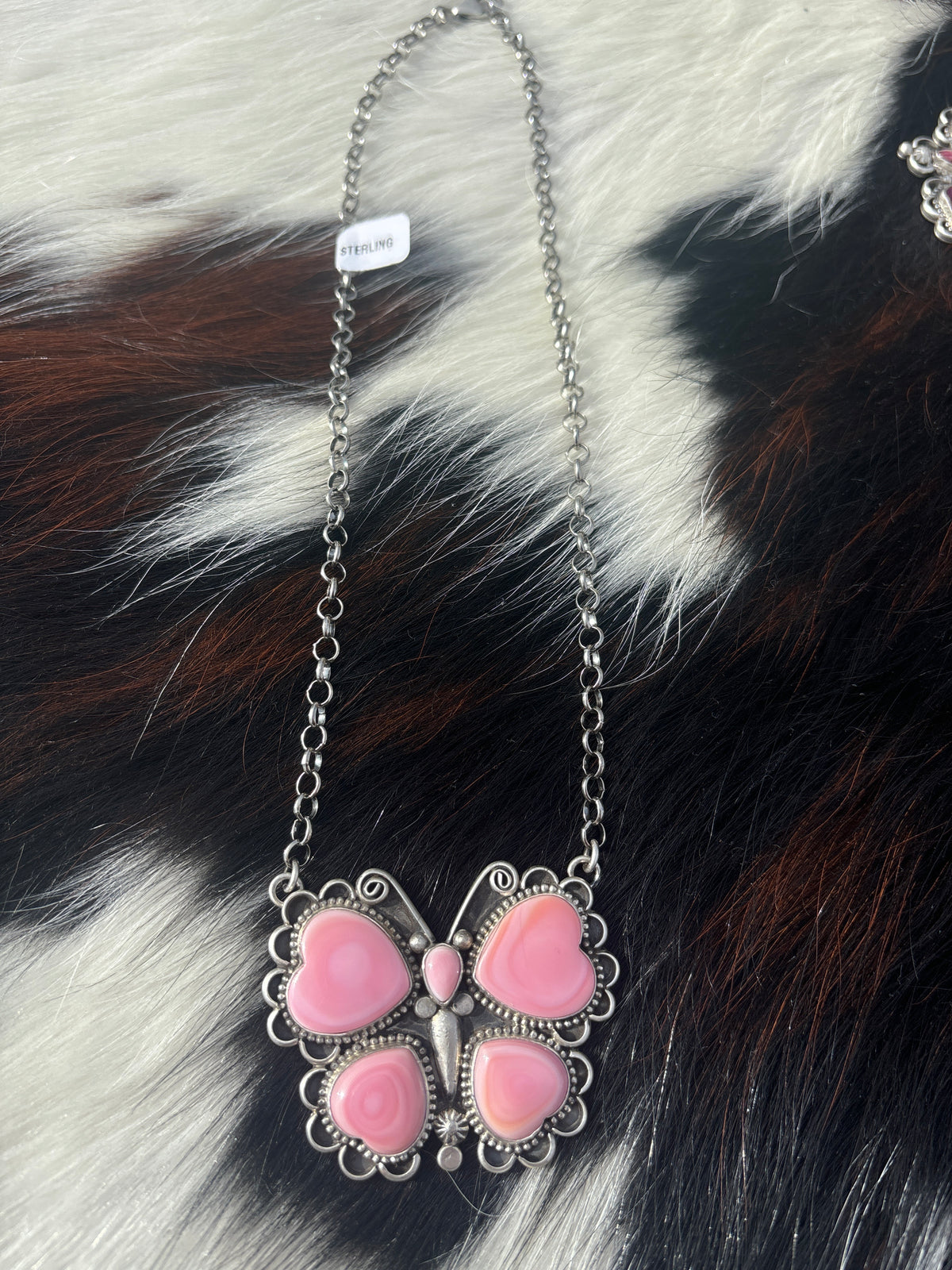 Native American, Hand-Made, Pink Conch & Sterling Silver Butterfly Necklace