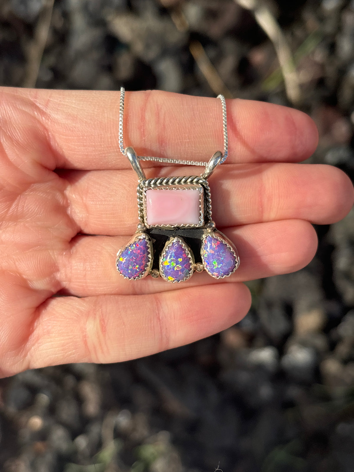 Native American, Hand-Made, Pink Conch, Opal & Sterling Silver Necklace