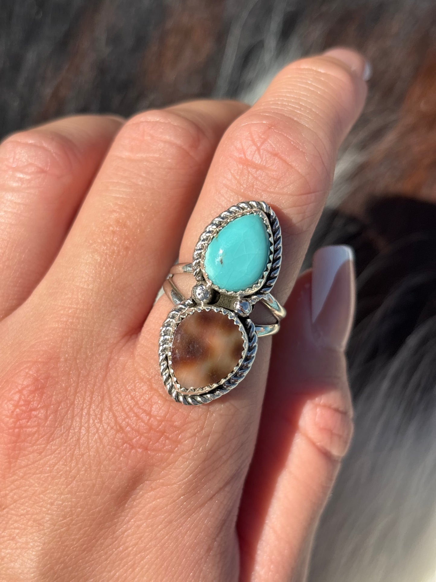 Native American, Hand-Made, Turquoise, Cowrie & Sterling Silver  Ring