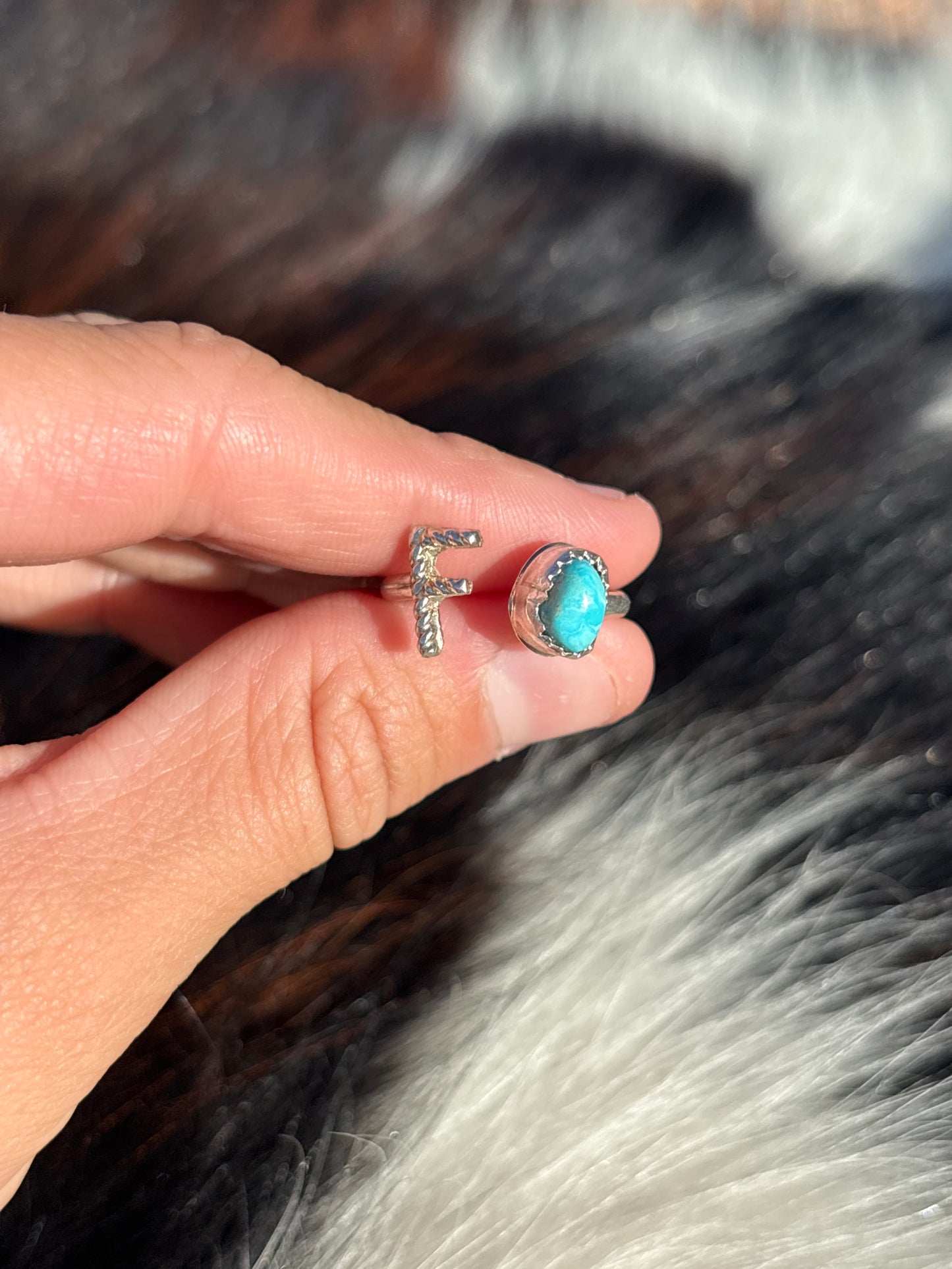 Native American, Hand-Made, Turquoise & Sterling Silver Adjustable Initial Ring
