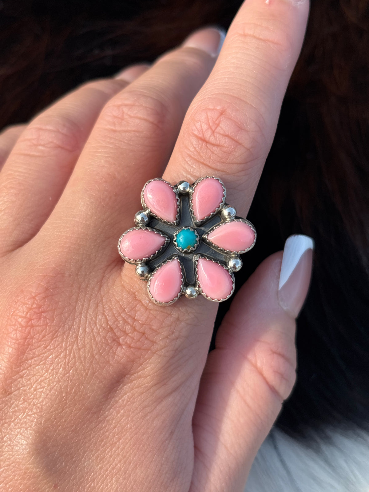 Native American, Hand-Made, Turquoise, Pink Conch & Sterling Silver Ring