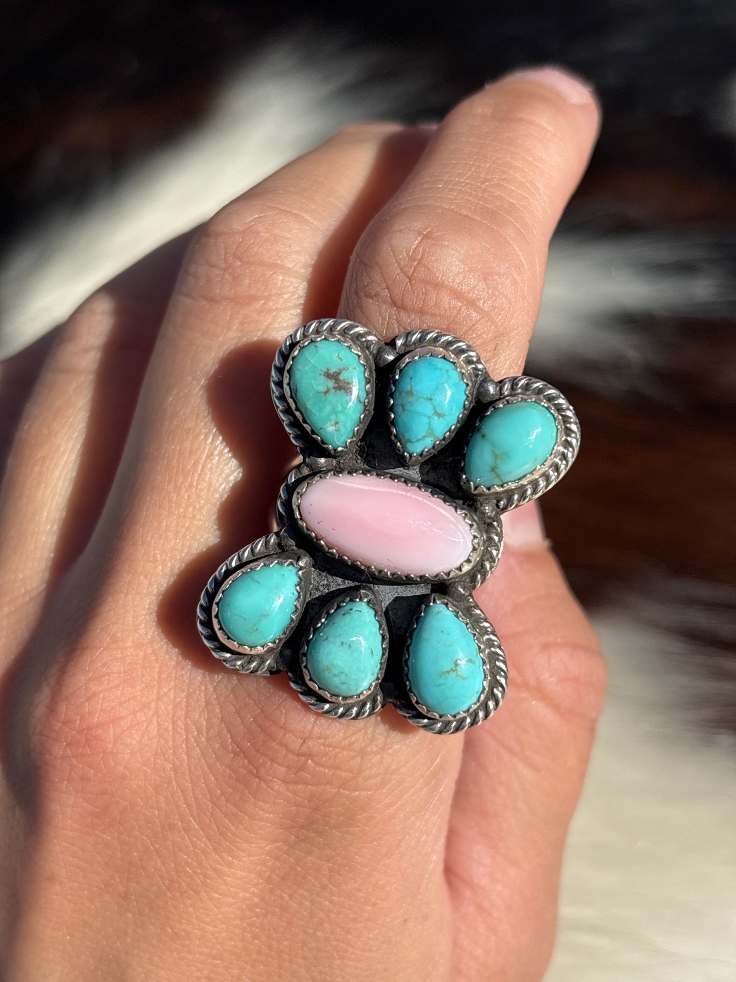 Native American, Hand-Made, Turquoise, Pink Conch & Sterling Silver Ring