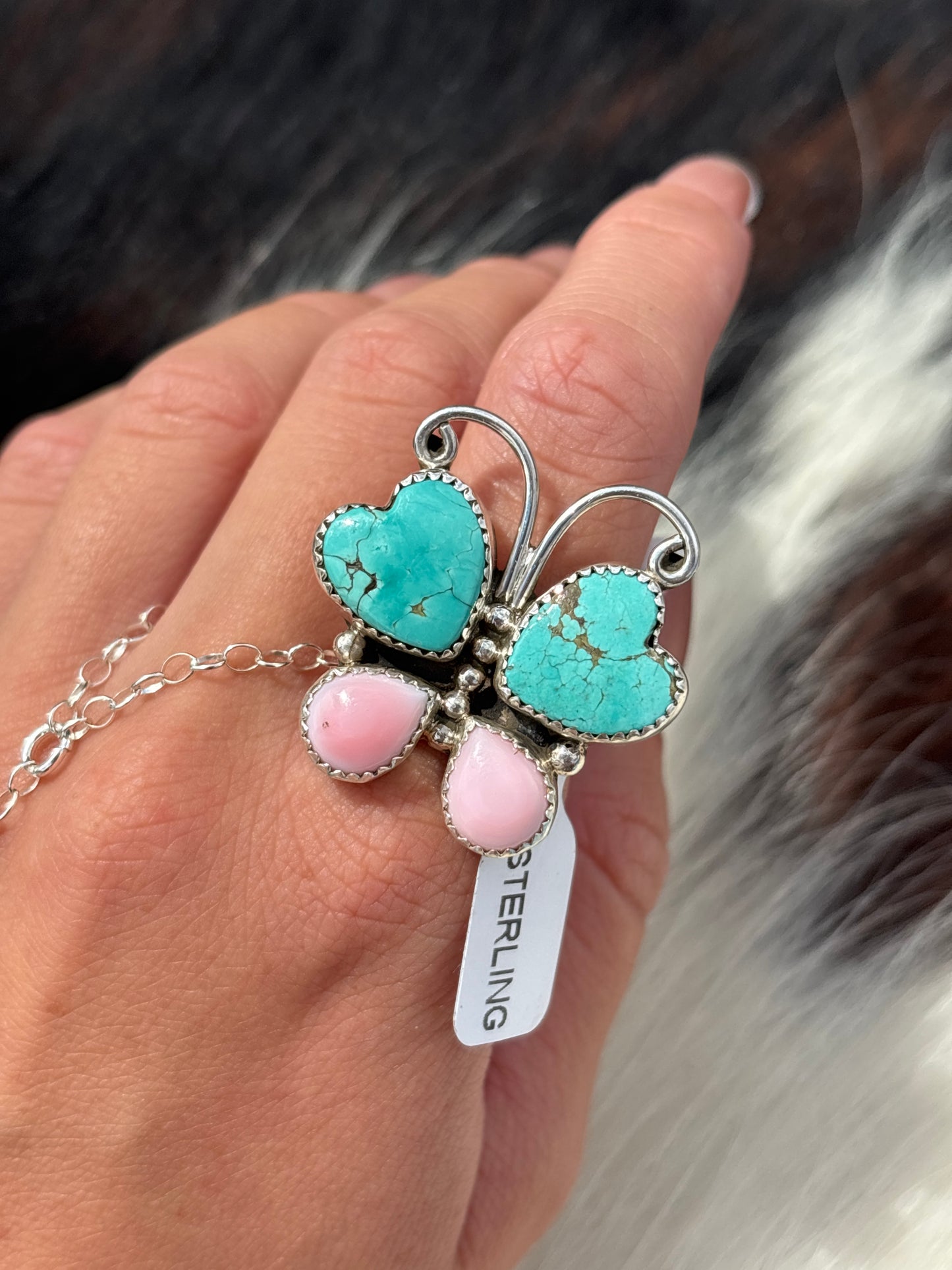 Native American, Hand-Made, Pink Conch, Turquoise & Sterling Silver Butterfly Ring