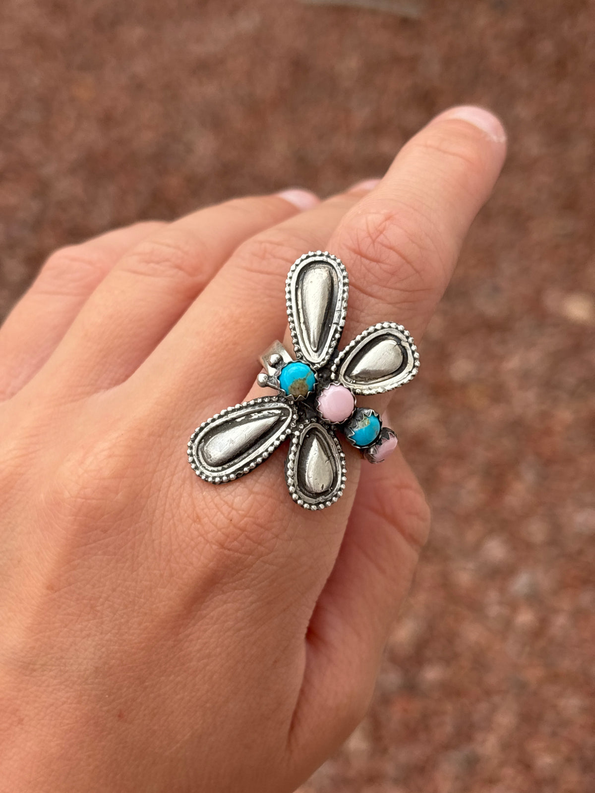 Native American, Hand-Made, Turquoise, Pink Conch & Sterling Silver Dragonfly Adjustable Ring