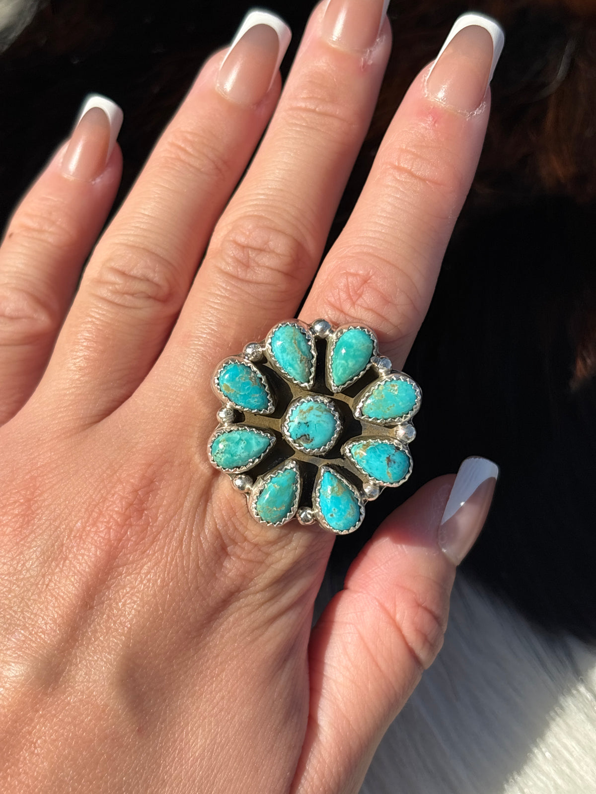 Native American, Hand-Made, Turquoise & Sterling Silver Cluster Ring