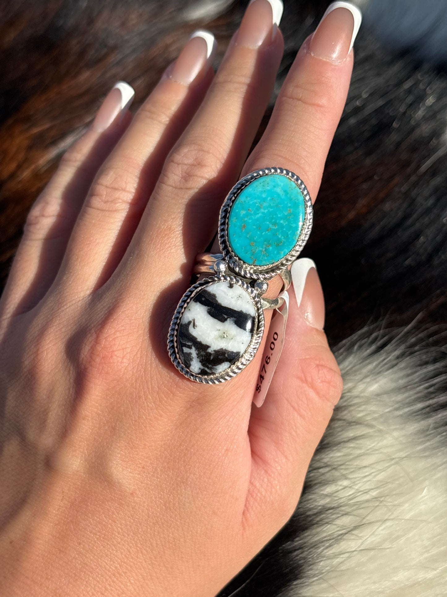 Native American, Hand-Made, Turquoise, Zebra Jasper & Sterling Silver Ring