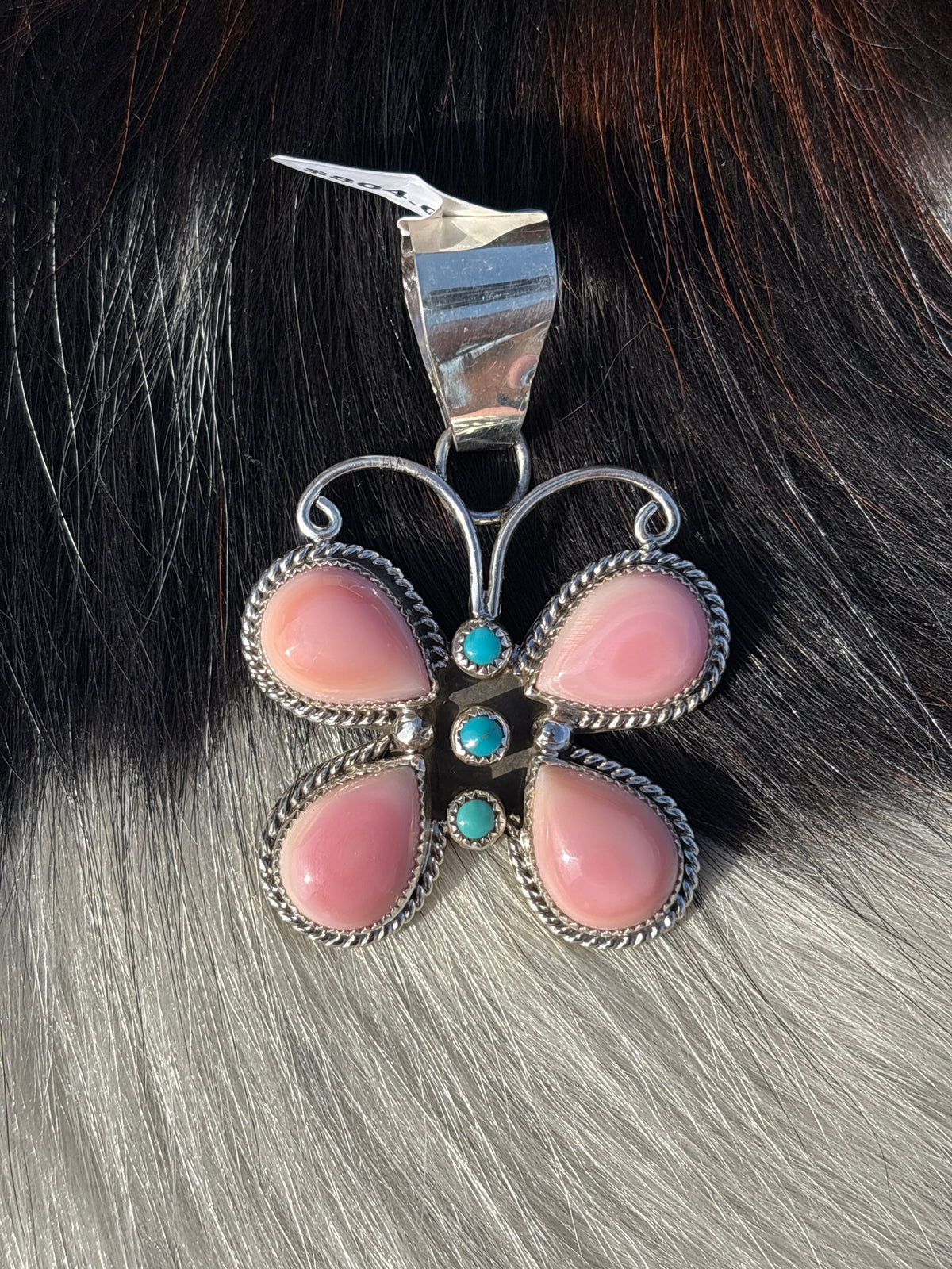 Native American, Hand-Made, Pink Conch, Turquoise & Sterling Silver Butterfly Pendant