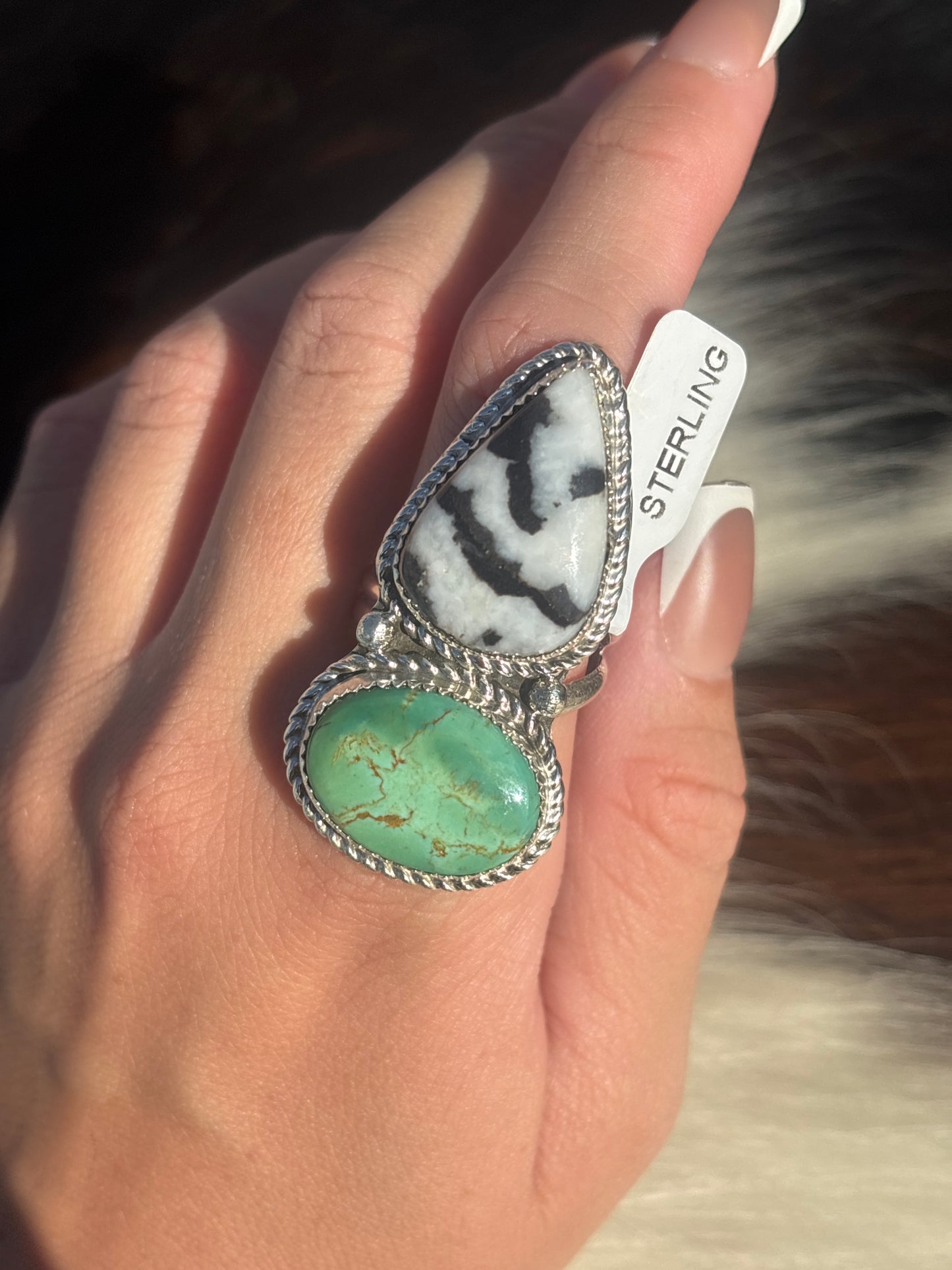 Native American, Hand-Made, Turquoise, Zebra Jasper & Sterling Silver Ring