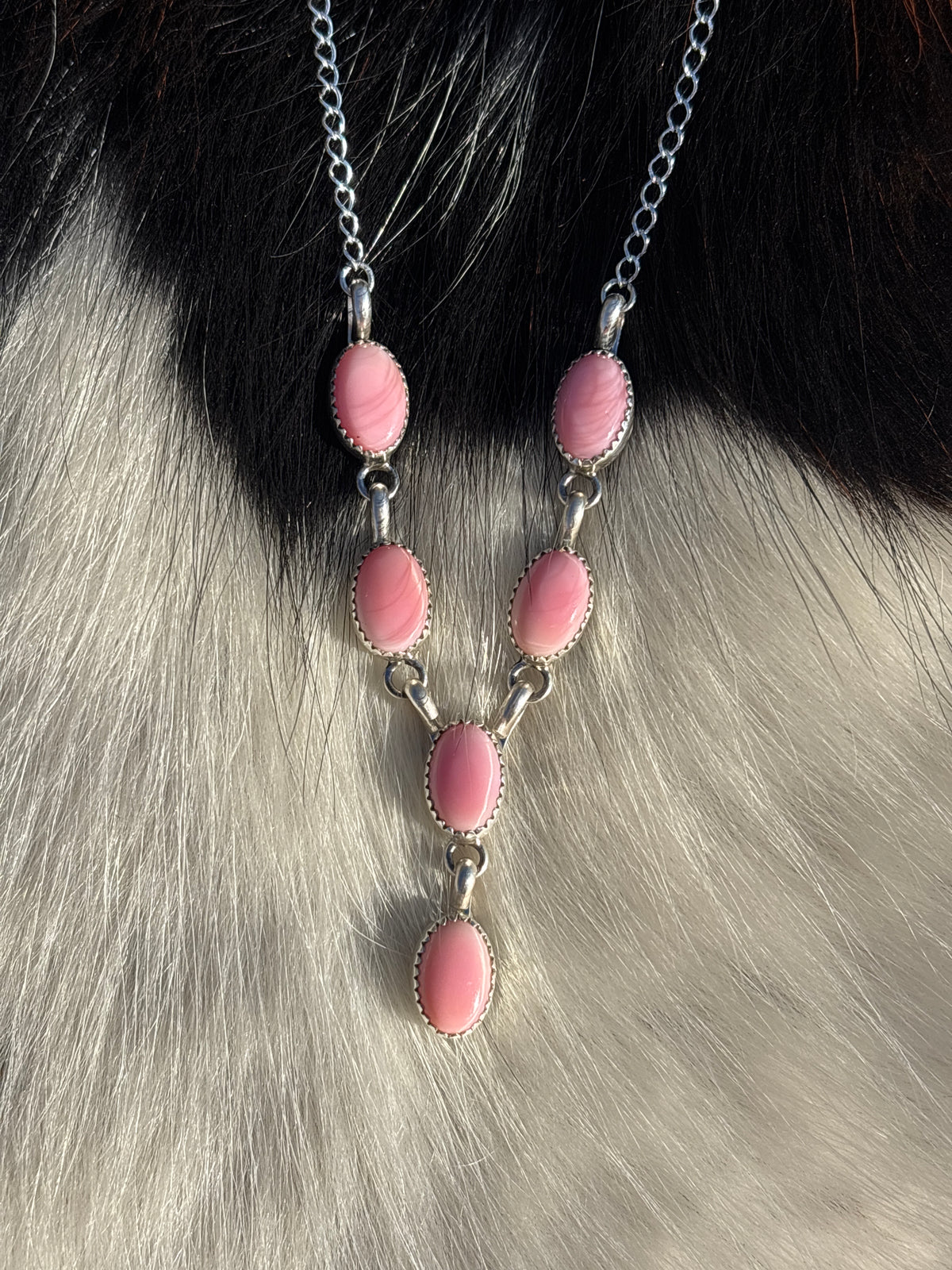 Native American, Hand-Made, Pink Conch, & Sterling Silver Lariat Necklace