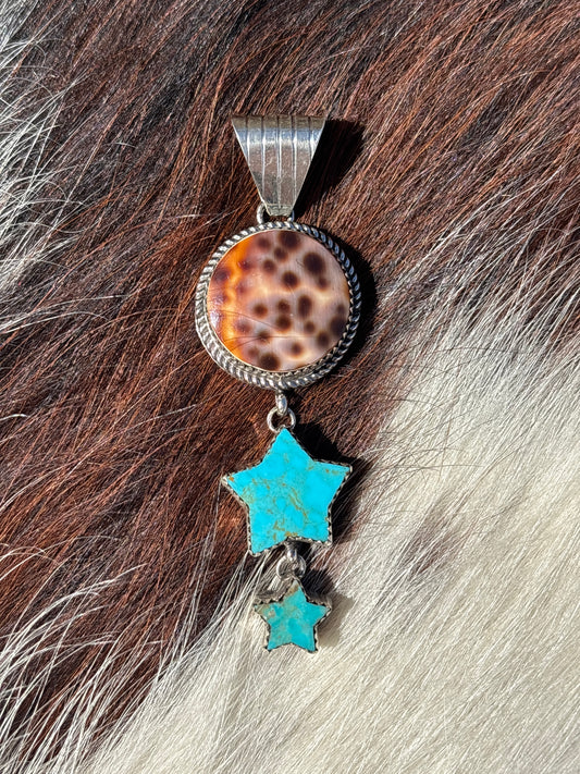 Native American, Hand-Made, Cowrie, Turquoise & Sterling Silver Necklace