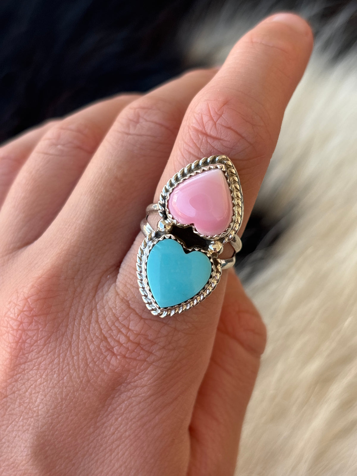 Native American, Hand-Made, Turquoise, Pink Conch, & Sterling Silver Ring