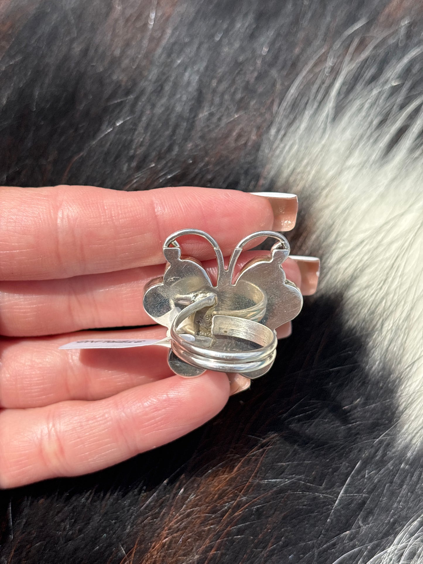 Native American, Hand-Made, Pink Conch, Turquoise & Sterling Silver Butterfly Ring