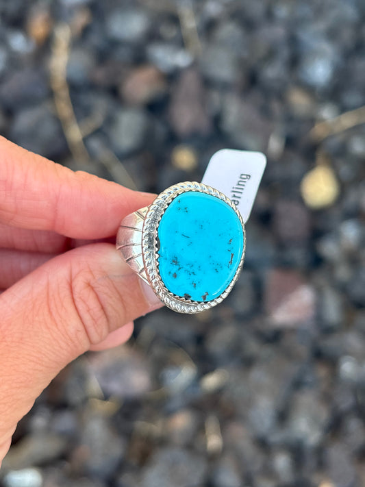 Native American, Hand-Made, Mens Sleeping Beauty Nugget Turquoise & Sterling Silver Ring