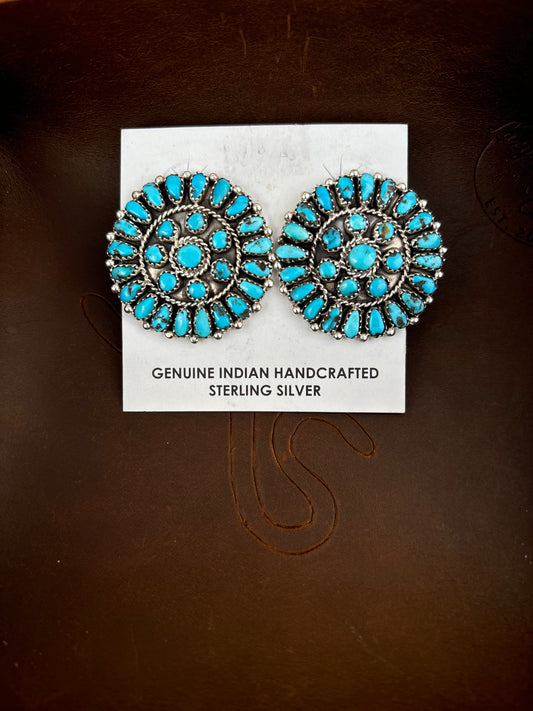 Native Made Turquoise & Sterling Silver Cluster Earrings