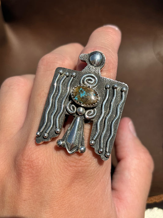 Native American, Hand-Made, Turquoise & Sterling Silver Thunderbird Adjustable Ring