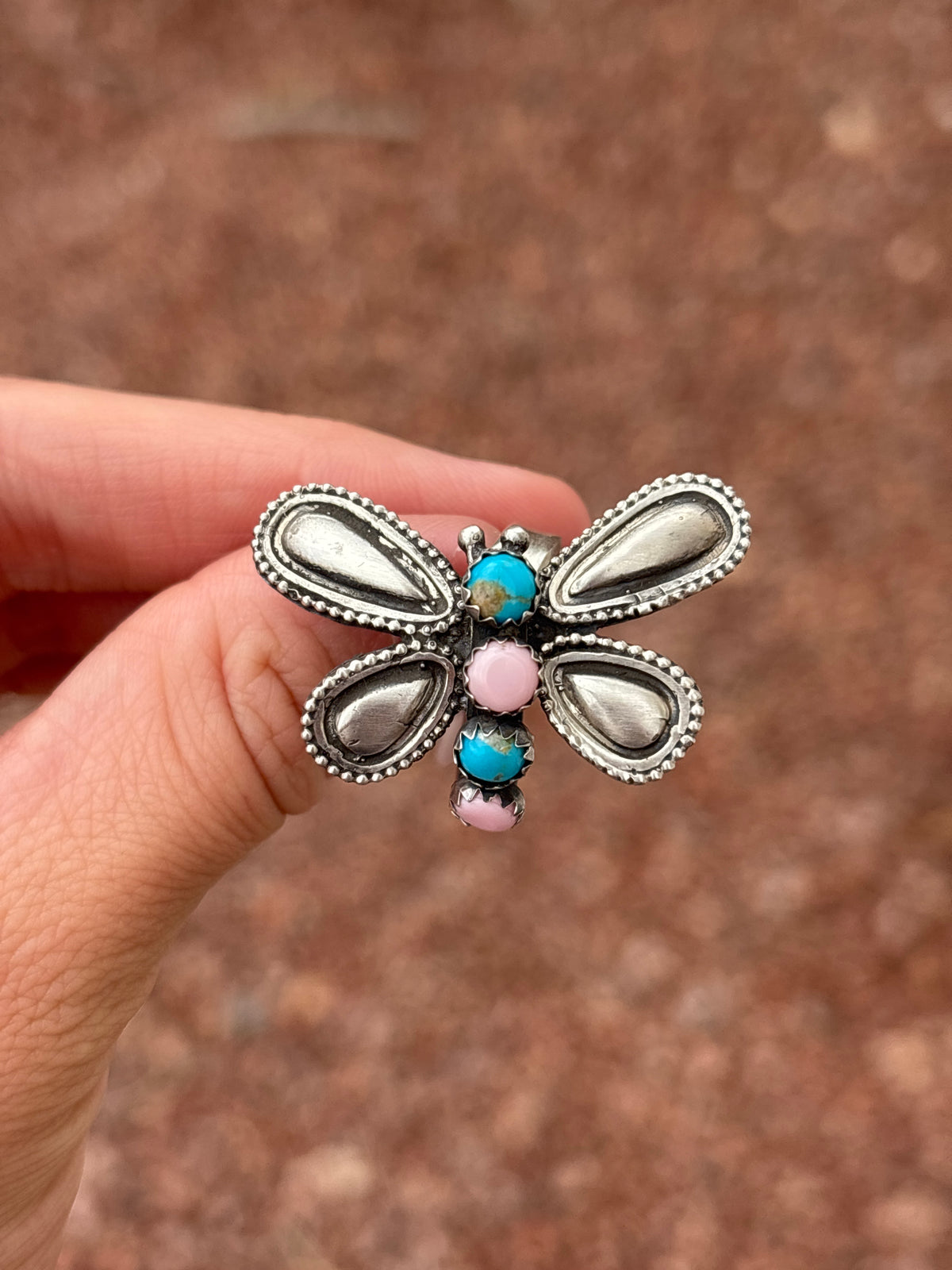 Native American, Hand-Made, Turquoise, Pink Conch & Sterling Silver Dragonfly Adjustable Ring