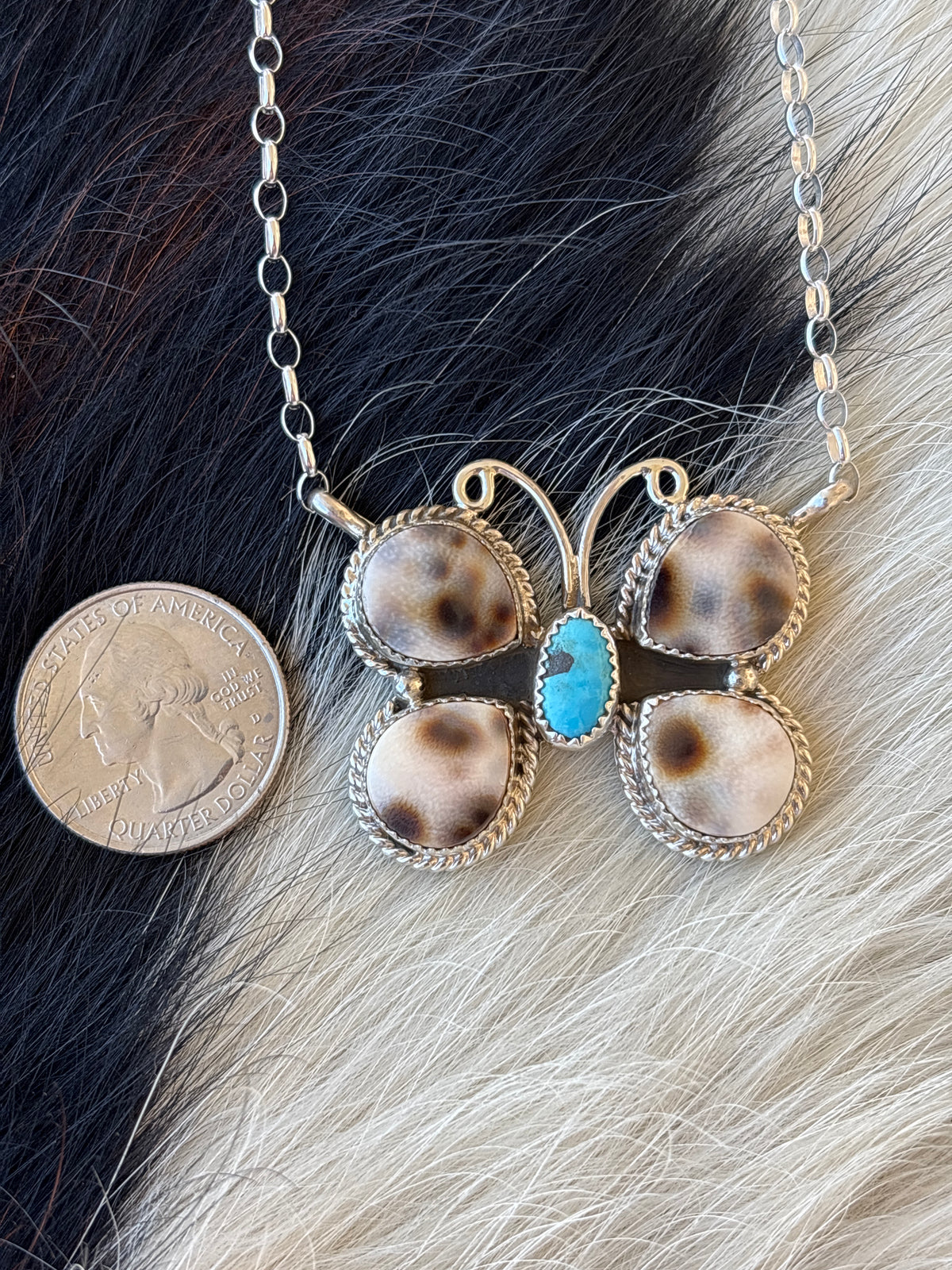 Native American, Hand-Made, Turquoise, Cowrie, & Sterling Silver Butterfly Necklace