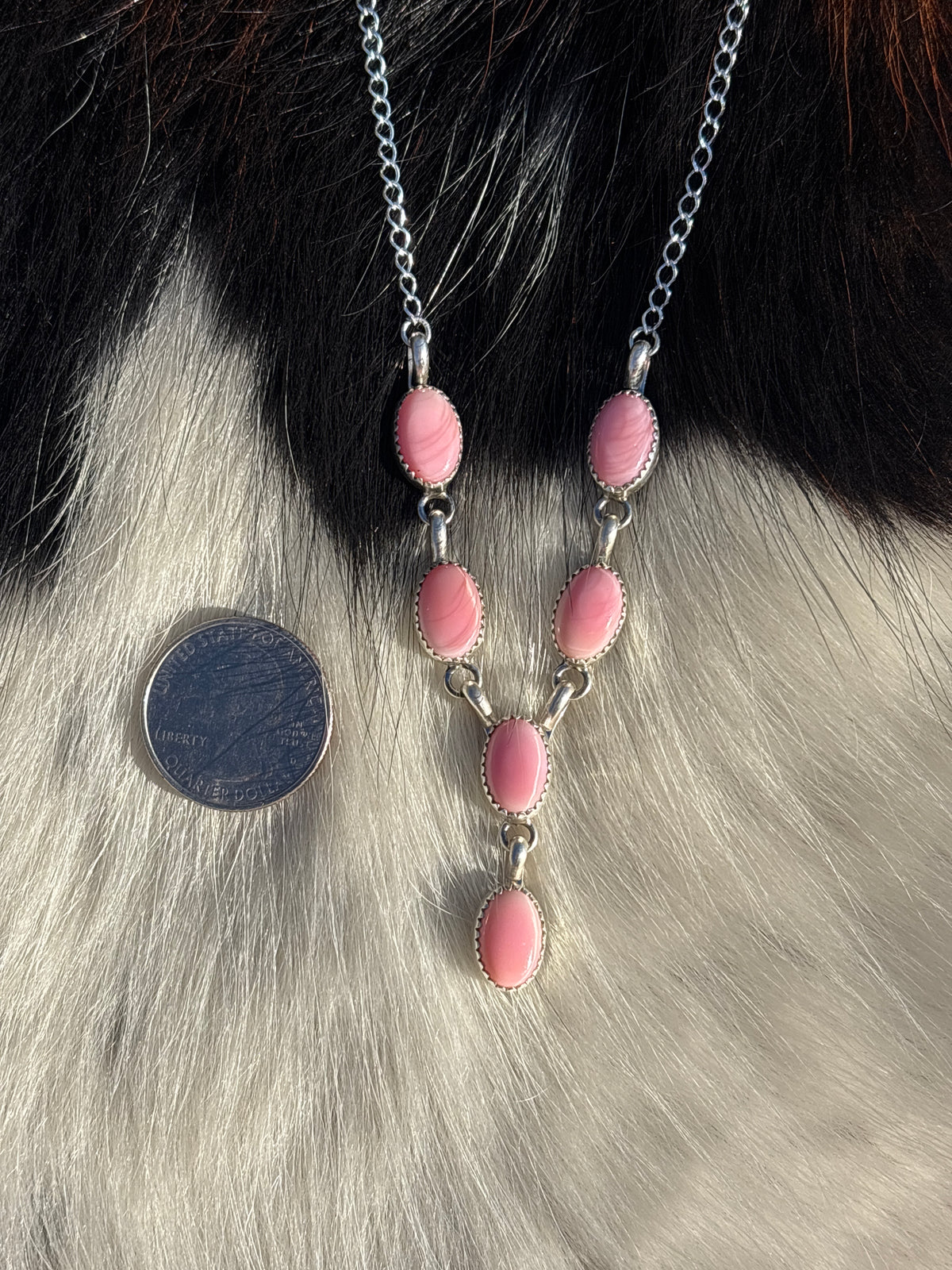 Native American, Hand-Made, Pink Conch, & Sterling Silver Lariat Necklace