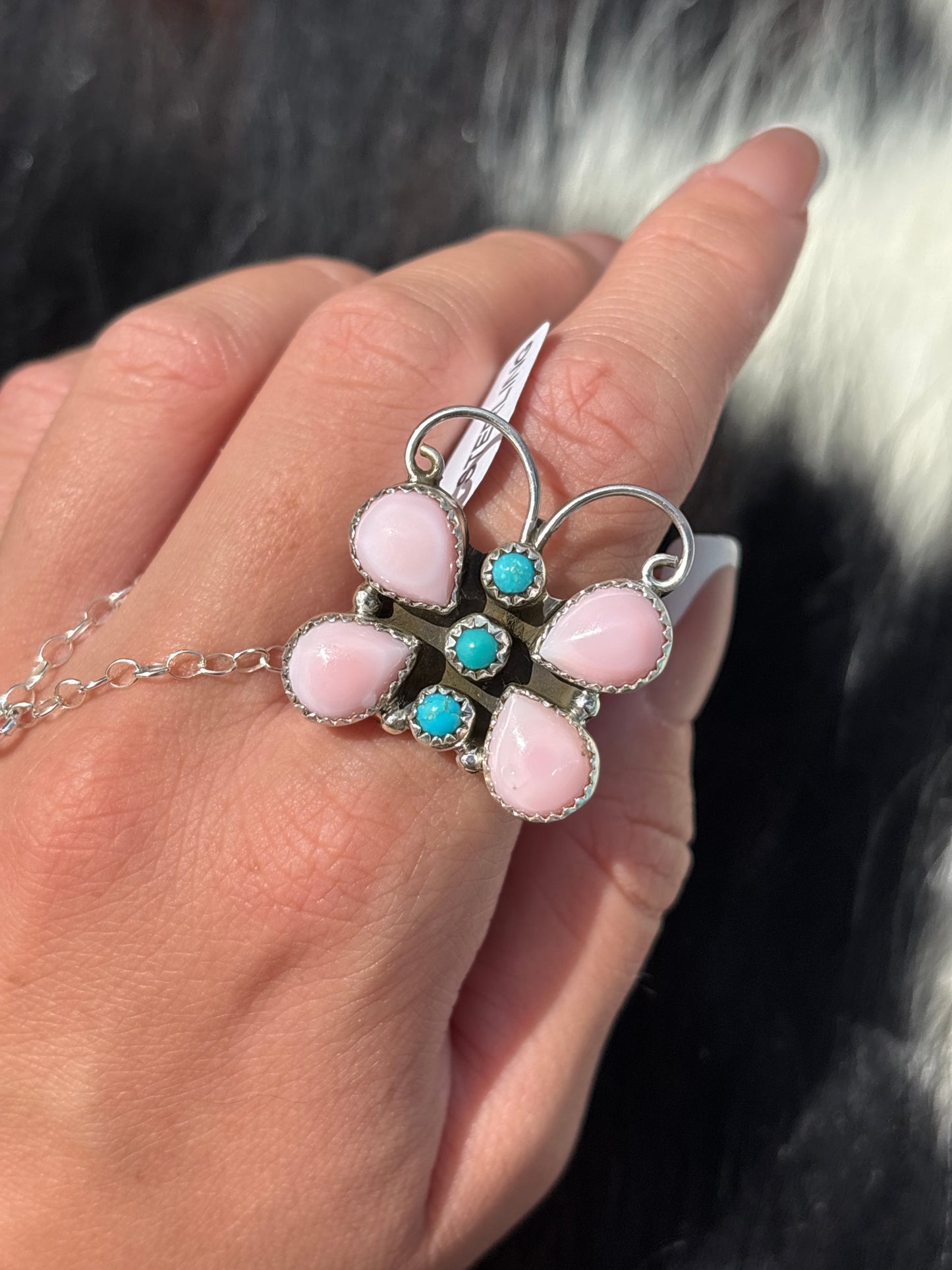 Native American, Hand-Made, Pink Conch, Turquoise & Sterling Silver Butterfly Ring
