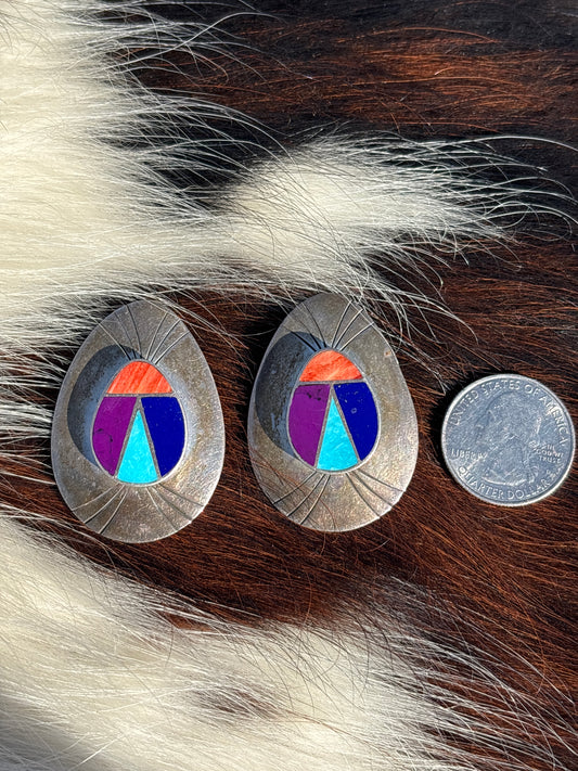 Vintage Native Made, Multi-stone & Sterling Silver Clip on Earrings