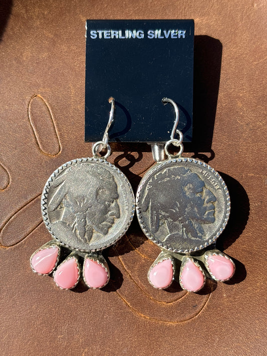 Native American, Hand-Made, Buffalo Nickel, Pink Conch & Sterling Silver Earrings