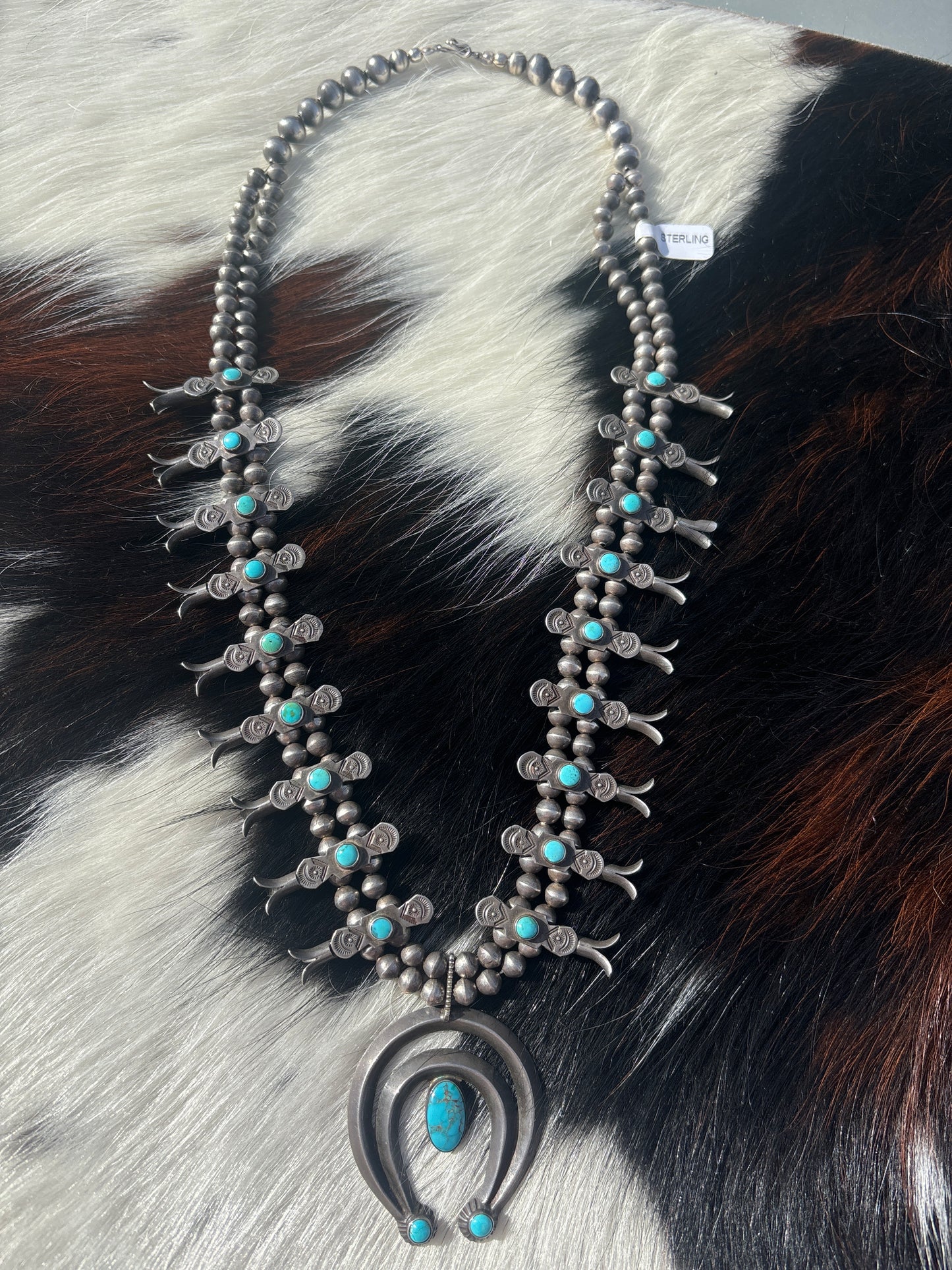 Native American, Handmade, Vintage Turquoise Squash Blossom Necklace