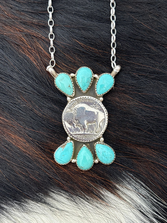 Native American, Hand-Made, Buffalo Nickel, Turquoise & Sterling Silver Necklace