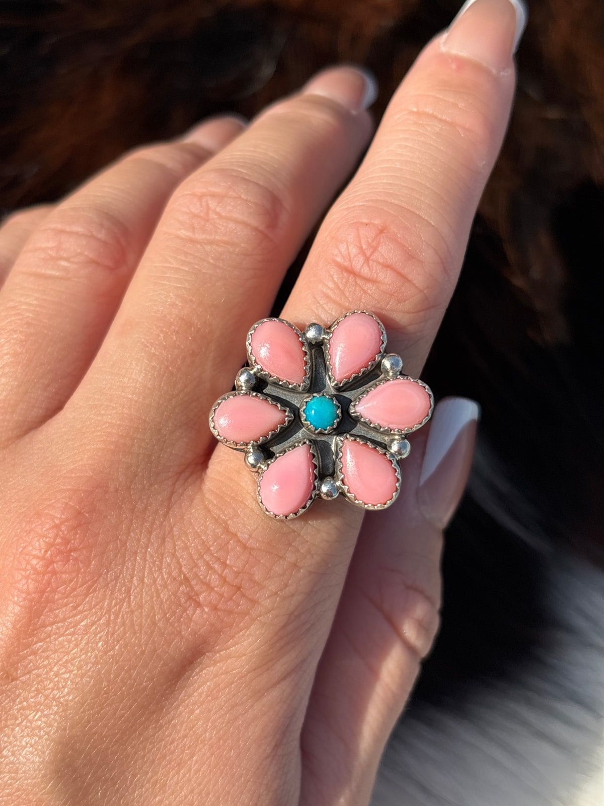 Native American, Hand-Made, Turquoise, Pink Conch & Sterling Silver Ring