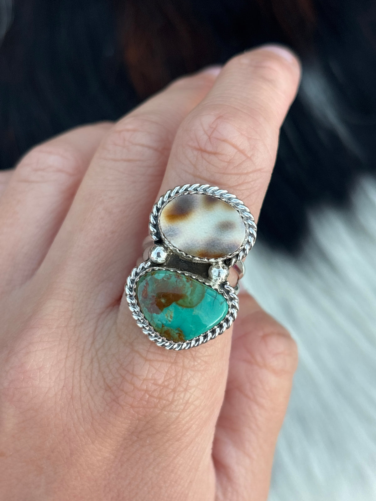 Native American, Hand-Made, Turquoise, Cowrie, & Sterling Silver Ring