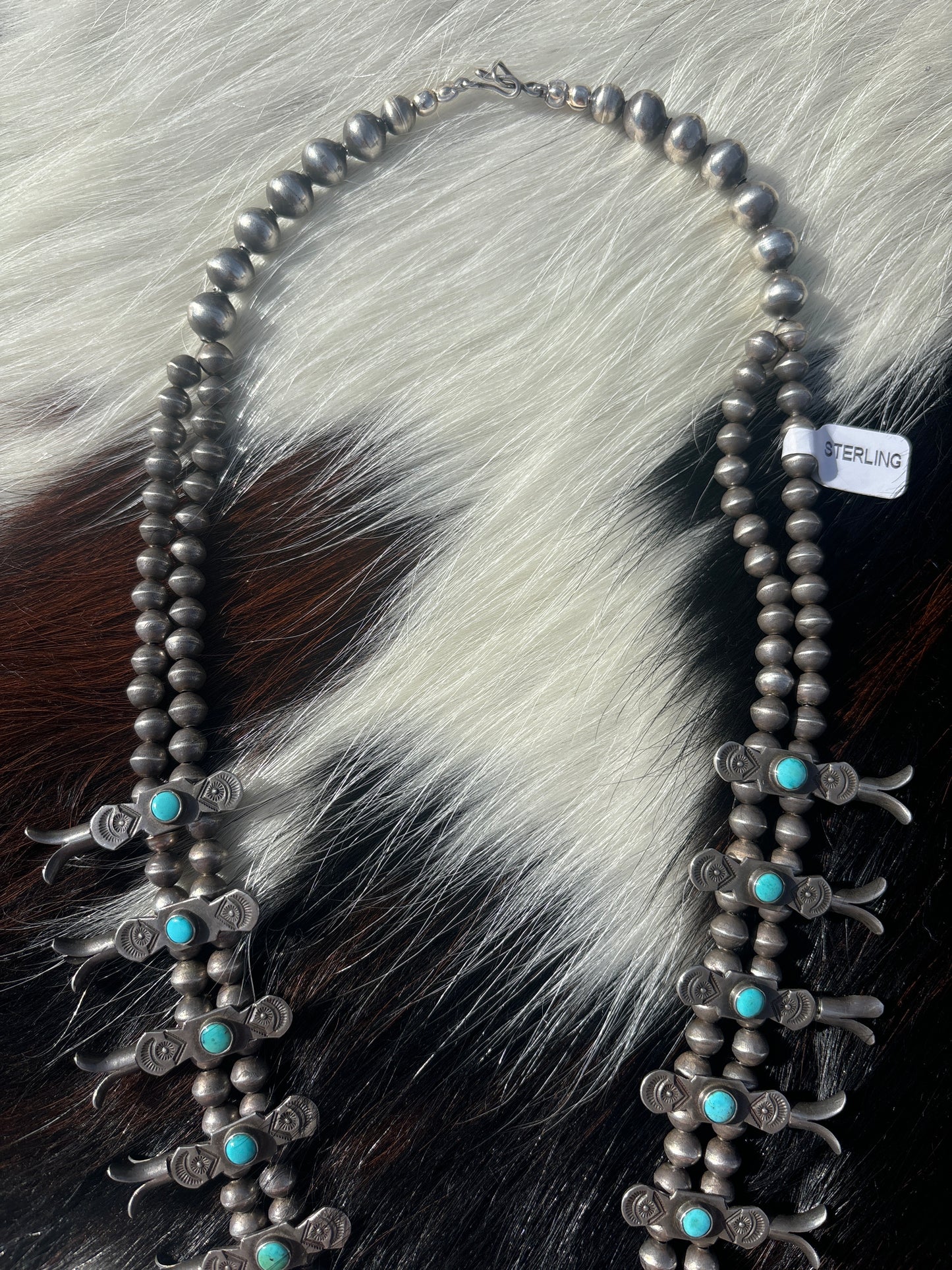 Native American, Handmade, Vintage Turquoise Squash Blossom Necklace