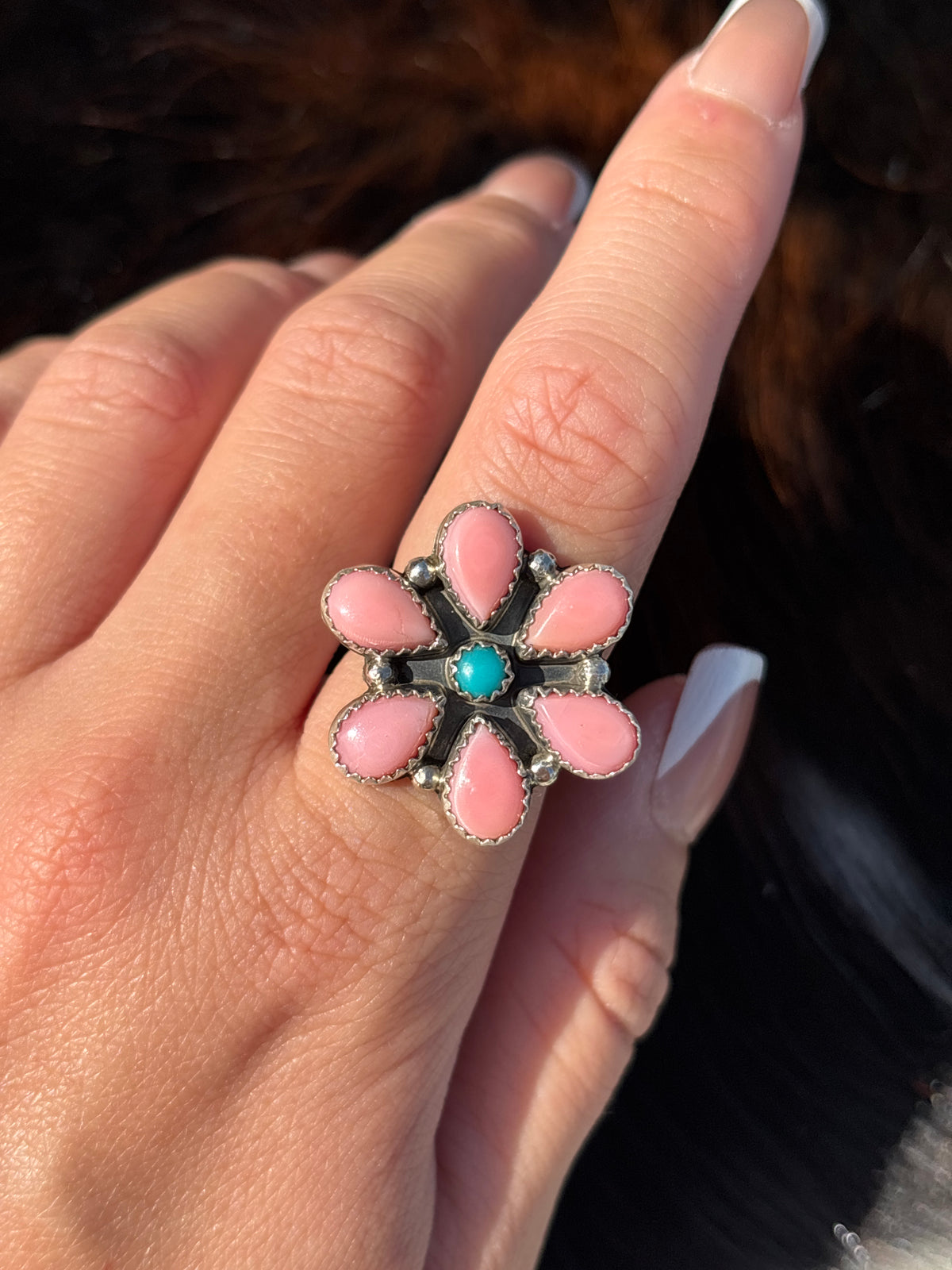 Native American, Hand-Made, Turquoise, Pink Conch & Sterling Silver Ring