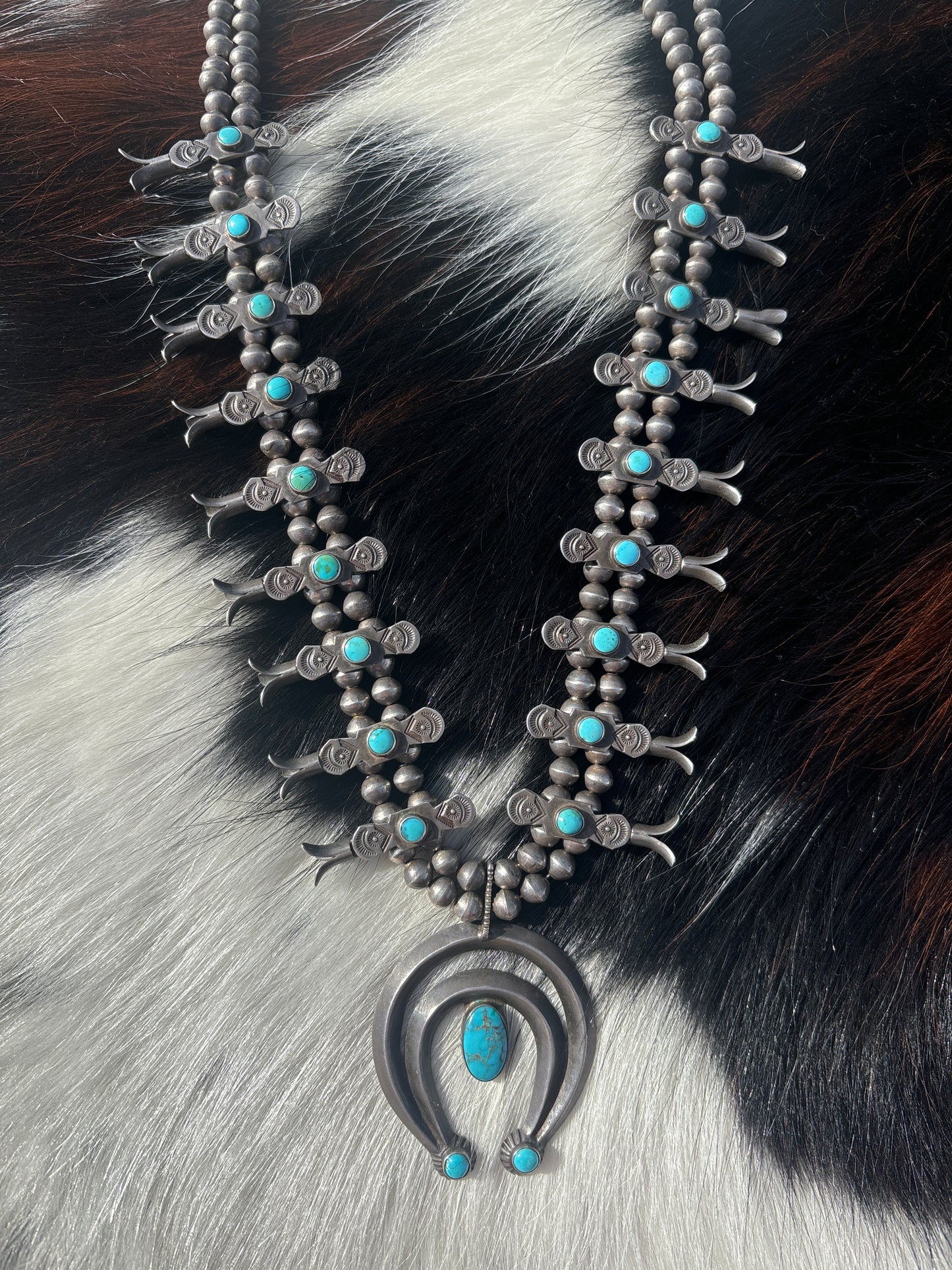 Native American, Handmade, Vintage Turquoise Squash Blossom Necklace