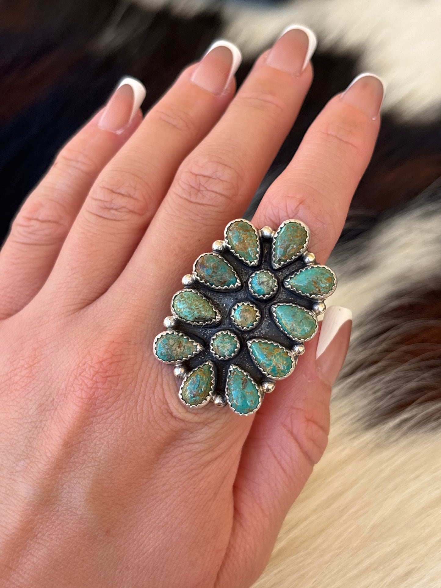 Native American, Hand-Made, Turquoise & Sterling Silver Cluster Ring