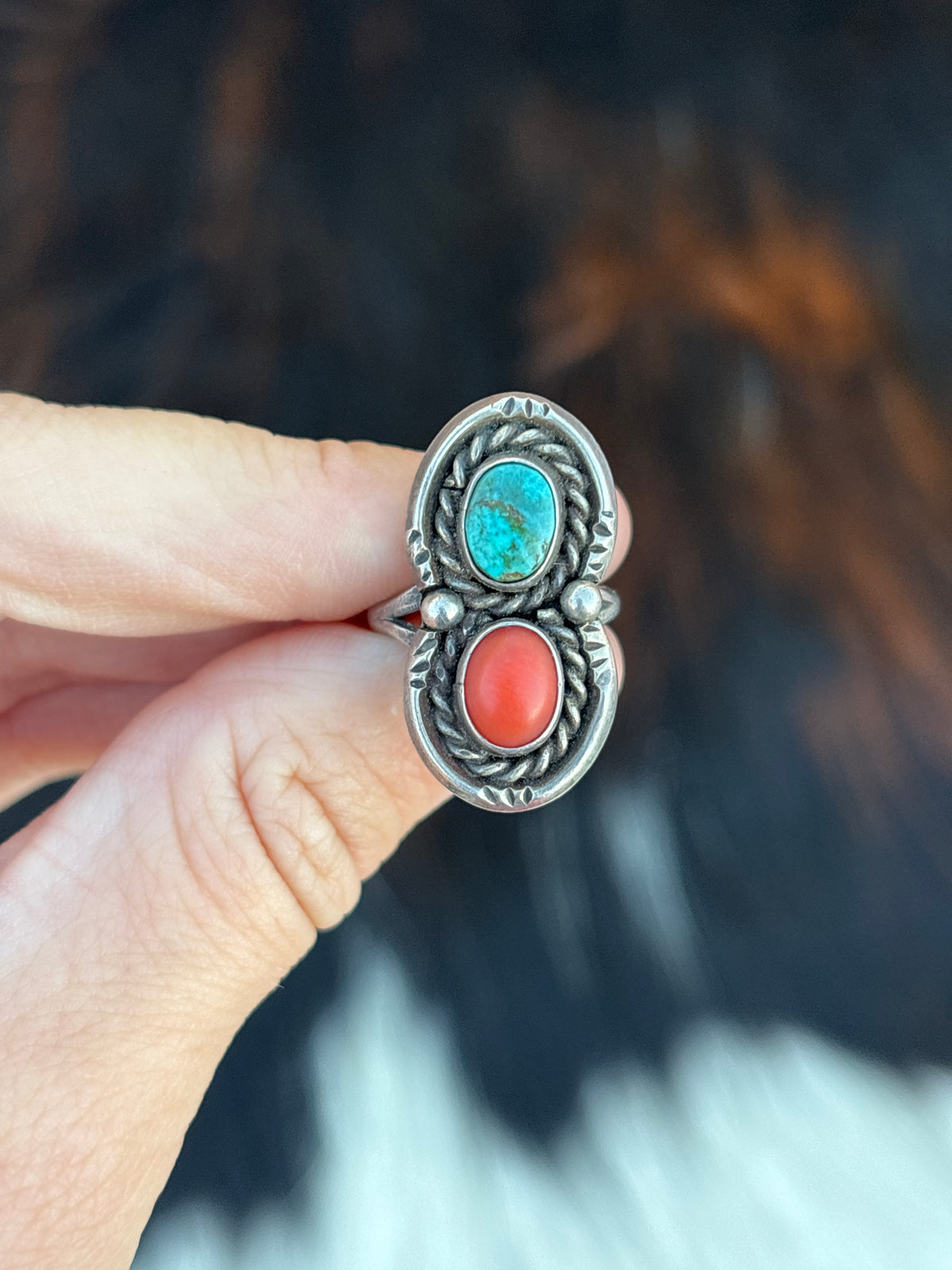 Vintage Native American, Hand-Made, Turquoise, Coral & Sterling Silver Ring