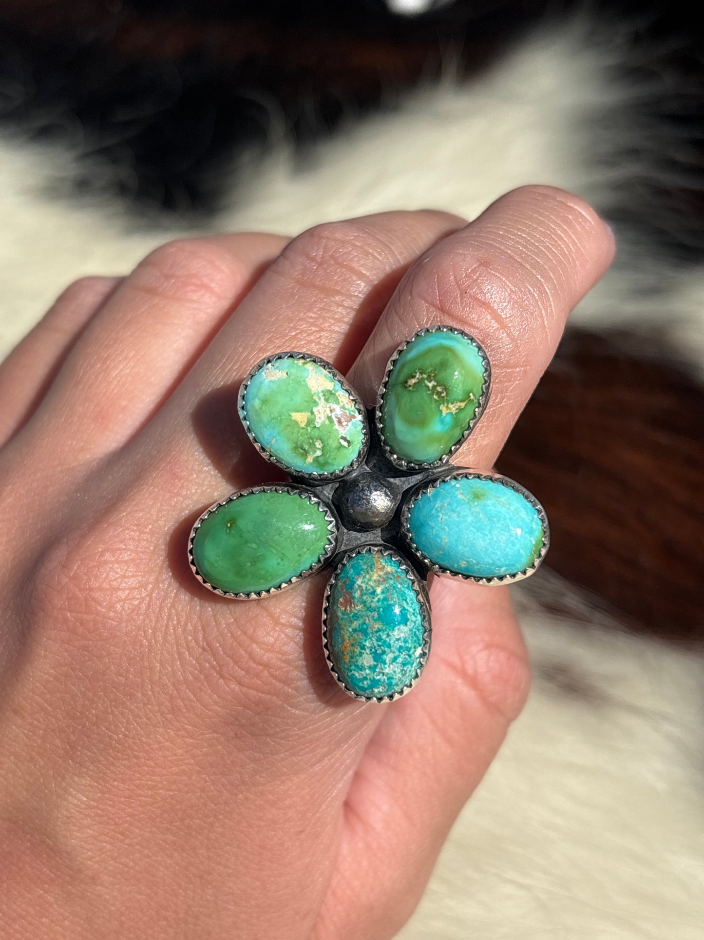 Native American, Hand-Made, Sierra Bella Turquoise & Sterling Silver Flower Ring