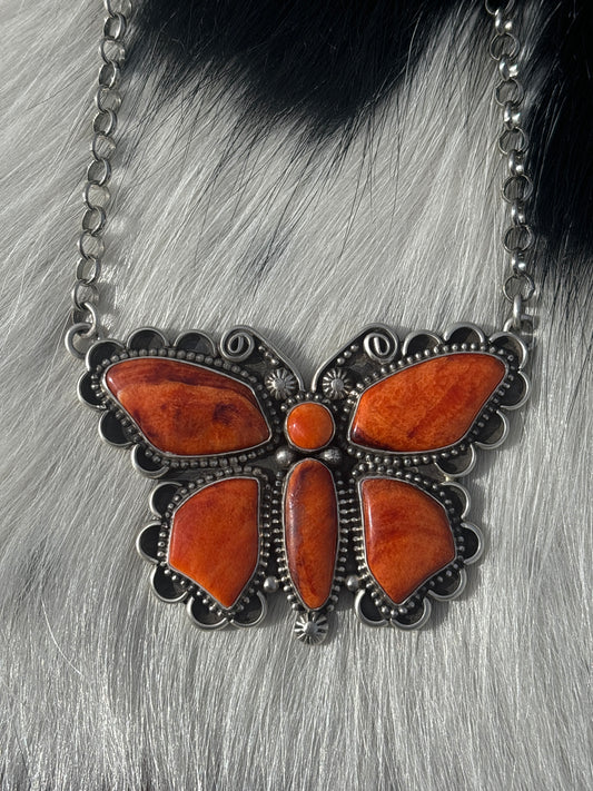 Native American, Hand-Made, Spiny Oyster & Sterling Silver Butterfly Necklace