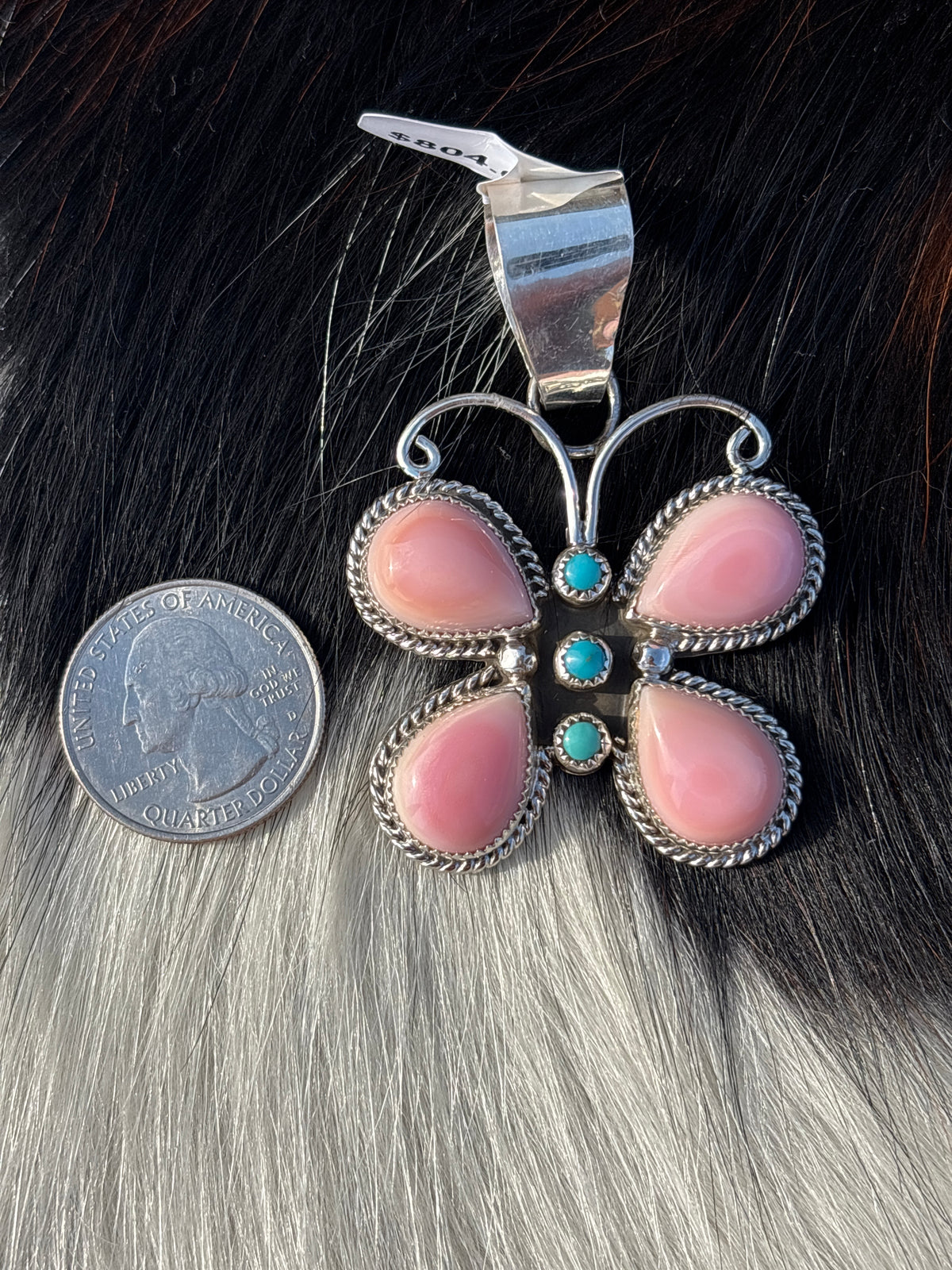 Native American, Hand-Made, Pink Conch, Turquoise & Sterling Silver Butterfly Pendant